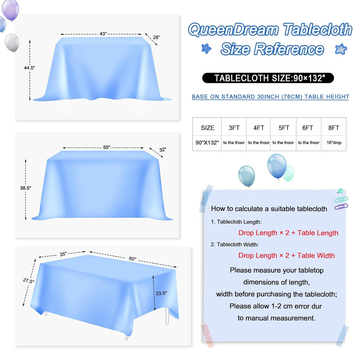 QueenDream Rectangle Wedding Tablecloth Royal Blue- 90x132 Inch Sequin Fabric Table Cloths