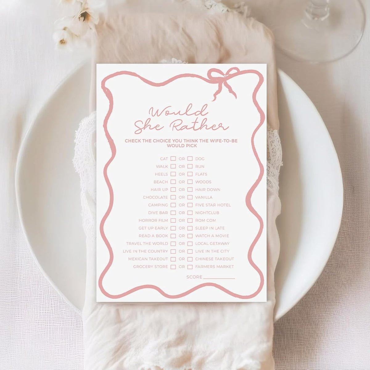 DEEKA 30 PCS Bridal Shower Games Card for 30 Guests White Pink Wavy Border Ribbon Bow Funny Wedding