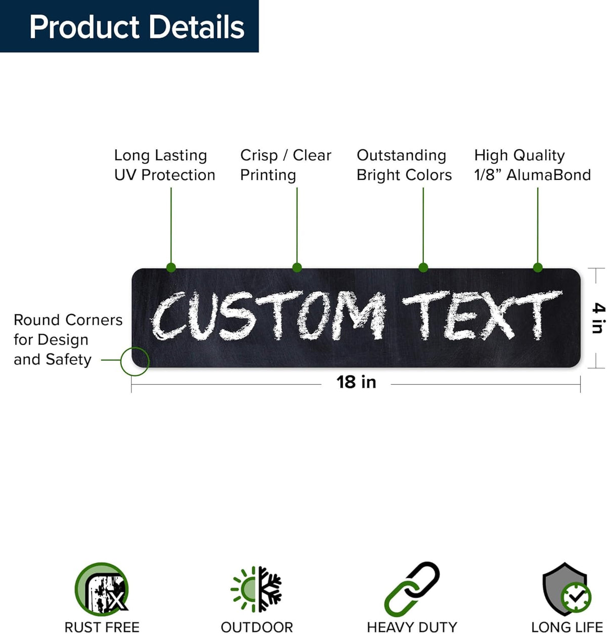 Custom Sign, Custom Street Sign, 11 Font Colors, 13 Font Styles, 4 Hole Options, 22 Sizes, 4x18