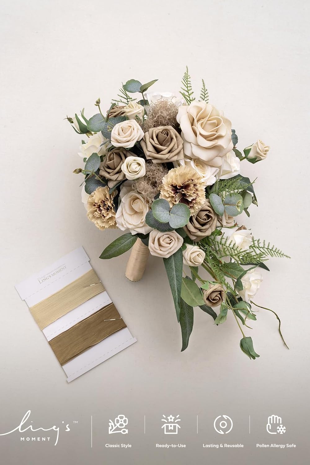Ling's moment Intimate Brown Bridal Bouquet Cascading, Beige Wedding Bouquets for Bride, 13 Inch