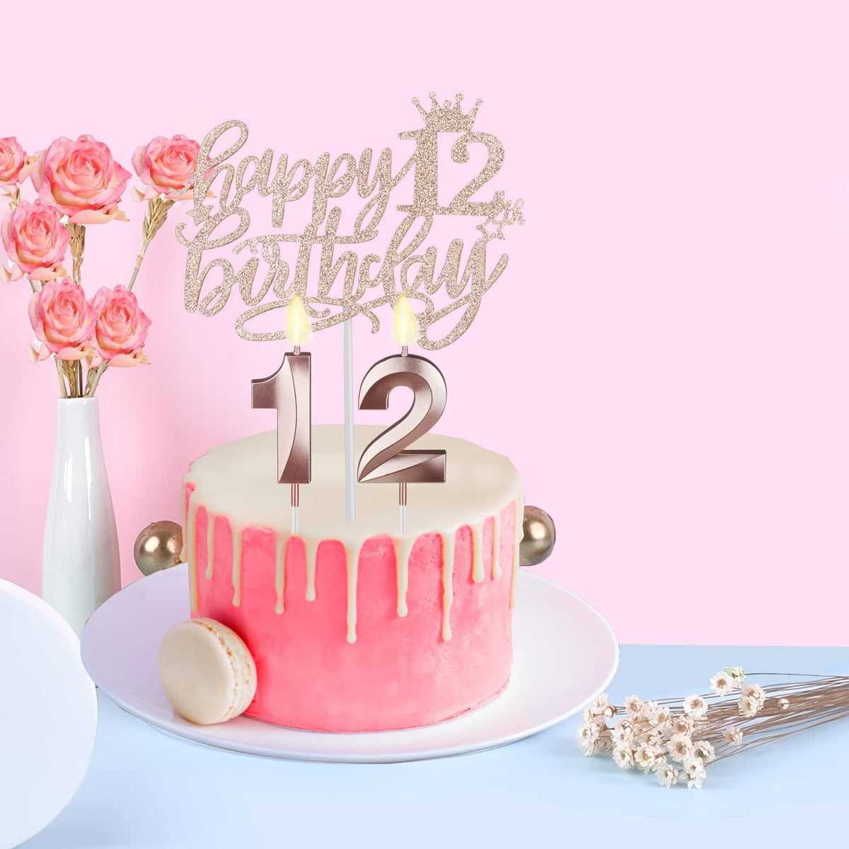 12th Birthday Decorations for Girls Including Sash, Crown/Tiara, Candles and Cake Topper, Rose Gold