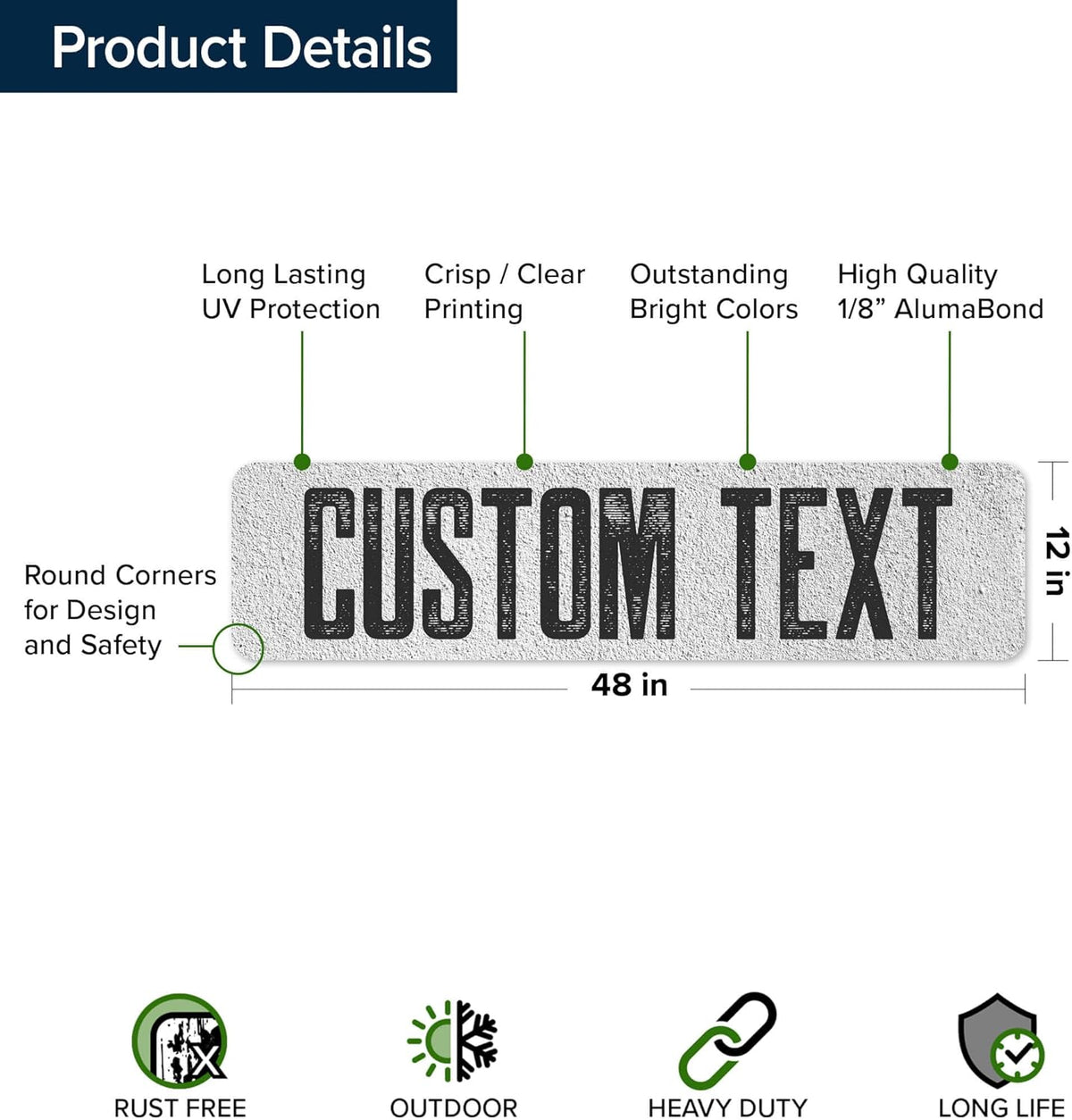Custom Sign, Custom Street Sign, 11 Font Colors, 13 Font Styles, 4 Hole Options, 22 Sizes, 12x48