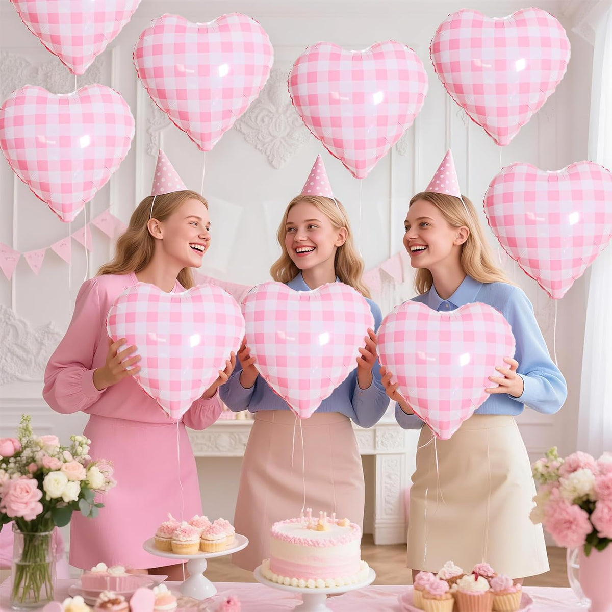 Pink White Checkered Heart Balloons,12Pcs 18Inch Light Pink Grid Heart Shaped Foil Helium Polyester