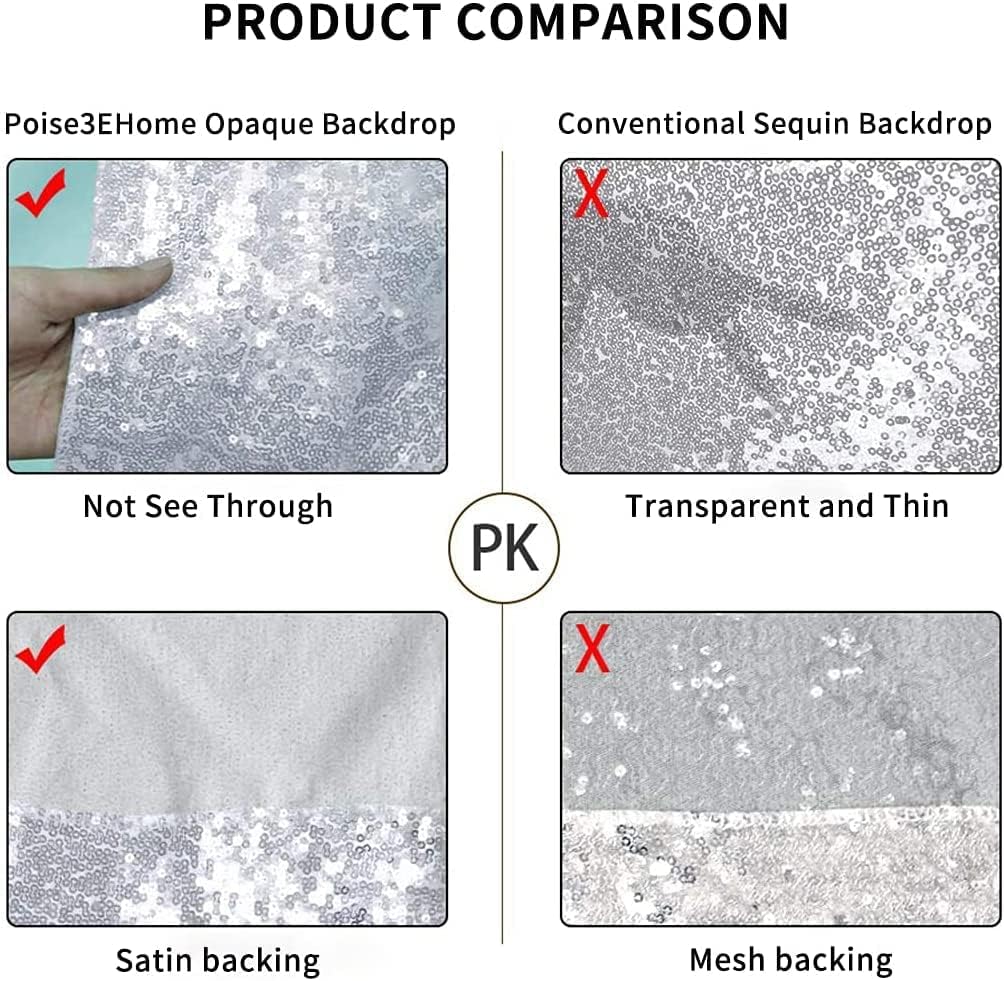 Poise3EHome 8Ft x 10Ft Silver Sequin Backdrop, Glitter Thick Satin Sequin Background Drapes