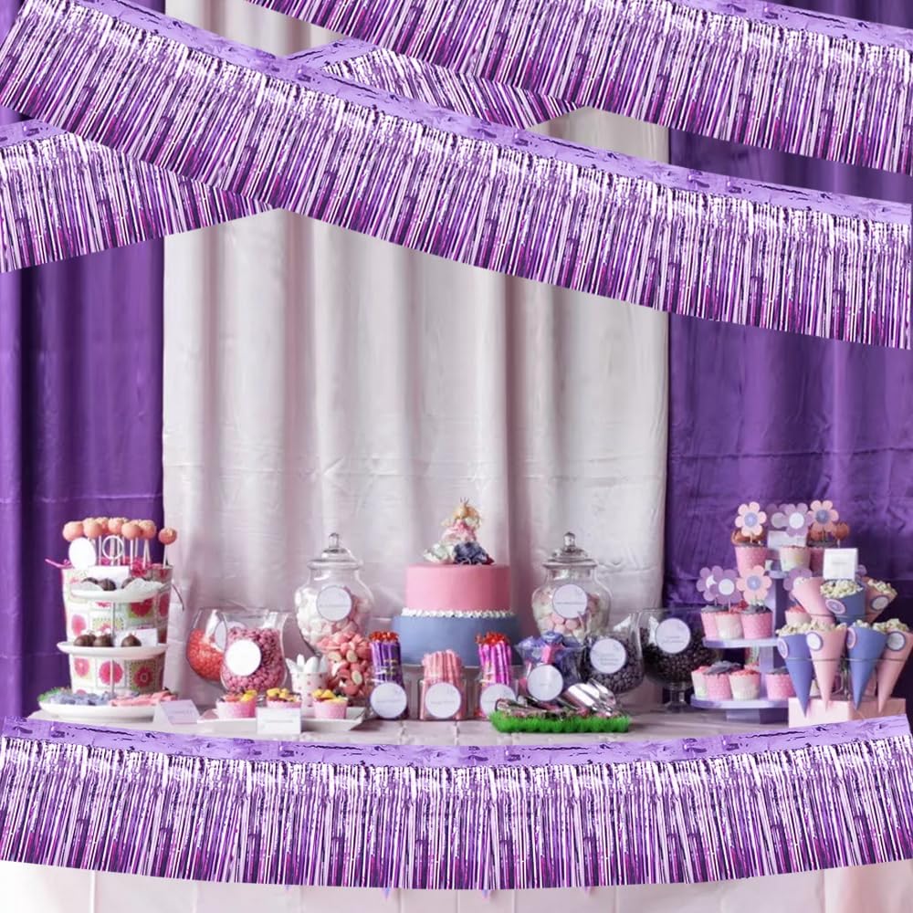 BEISHIDA 3 Packs Metallic Foil Fringe Garland Light Purple Wall Hanging Tinsel Fringe Banners for
