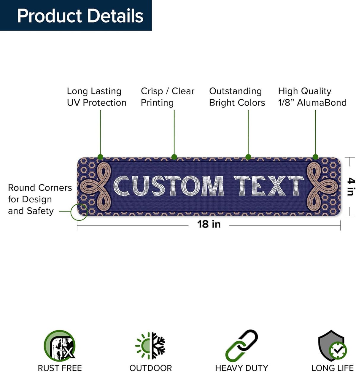 Custom Sign, Custom Street Sign, 11 Font Colors, 13 Font Styles, 4 Hole Options, 22 Sizes, 4x18