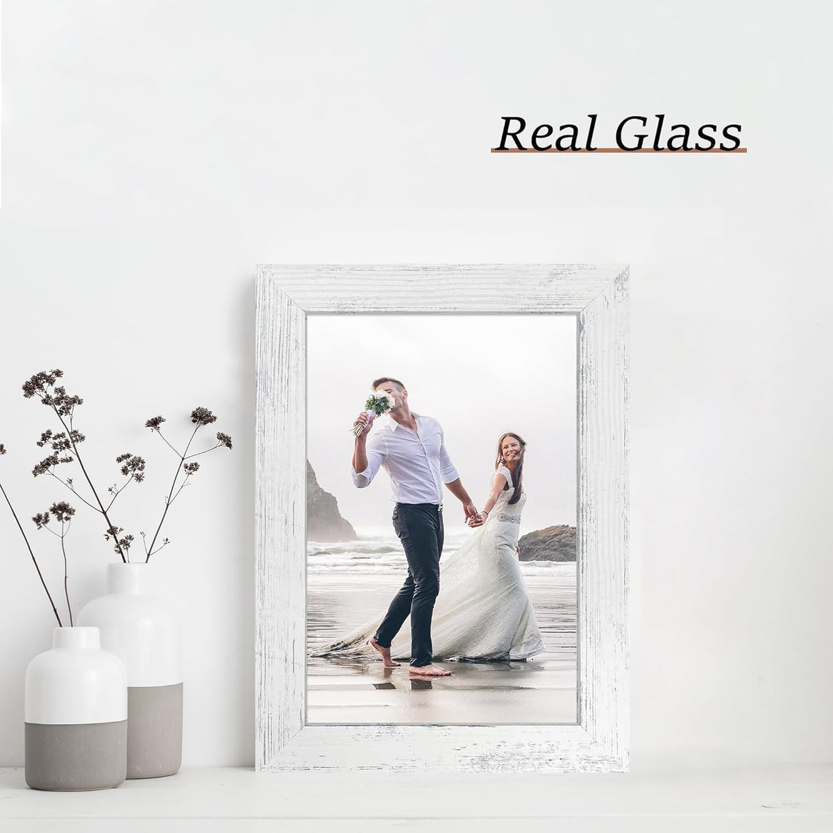 6x9 Picture Frame Set of 4, High Definition Glass Distressed White Frame, 6 x 9 Wood Photo Frames