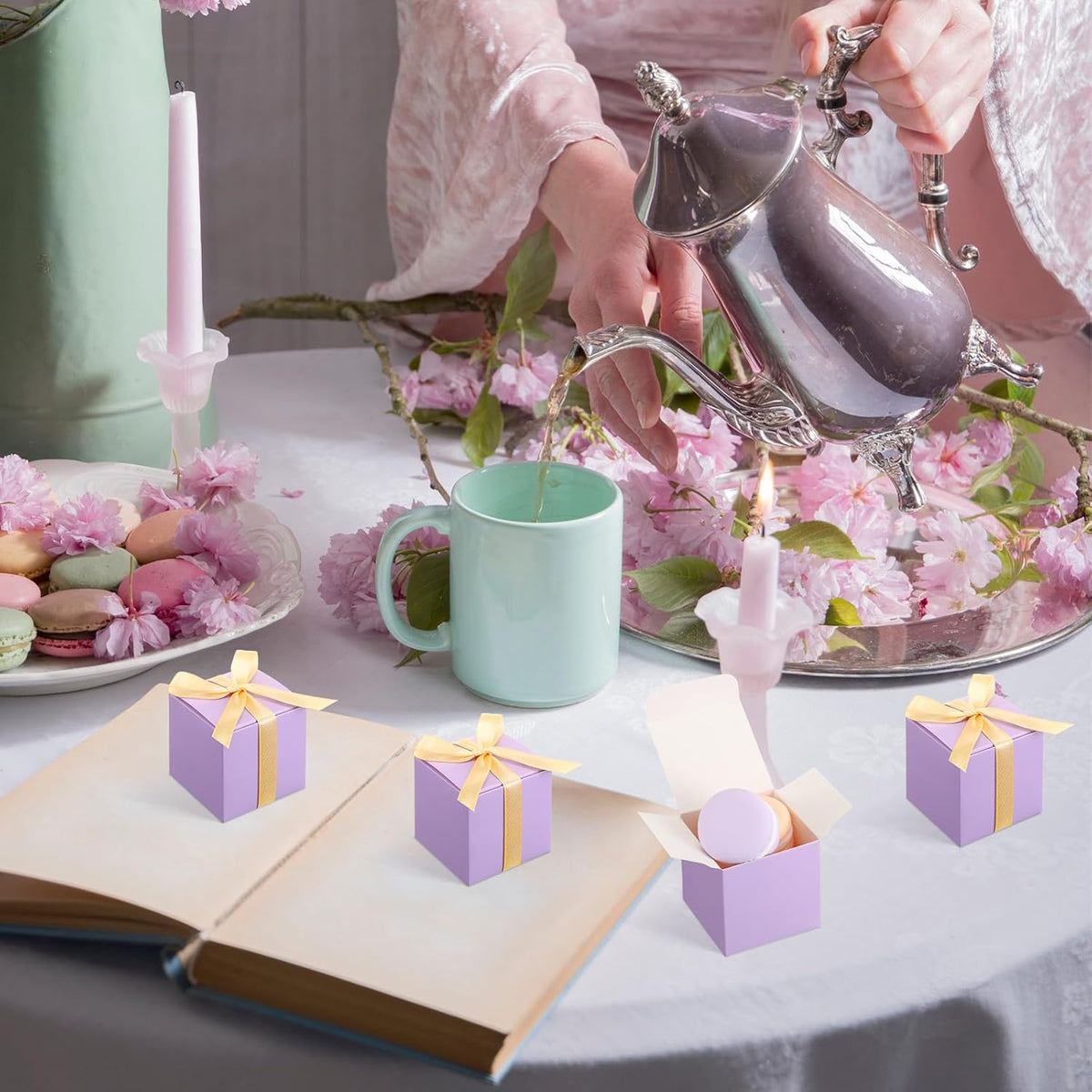 Jutom 100 Pcs Mini Favor Boxes Extra Small Candy Boxes Paper with Gold Ribbon for Christmas