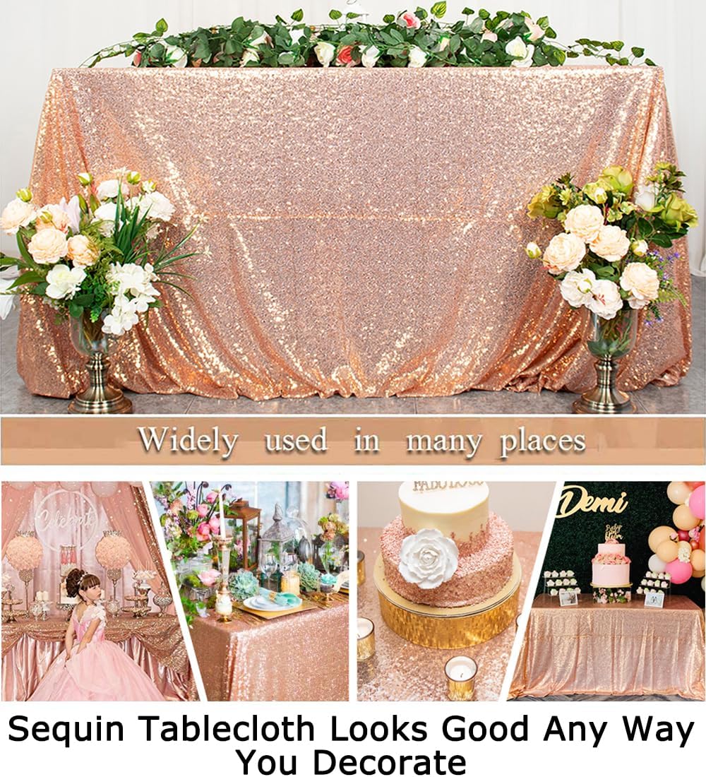 ShinyBeauty Rose Gold Table Cloths for Party 2 Packs, 72X72 Inch Sequin Tablecloths Square Glitter