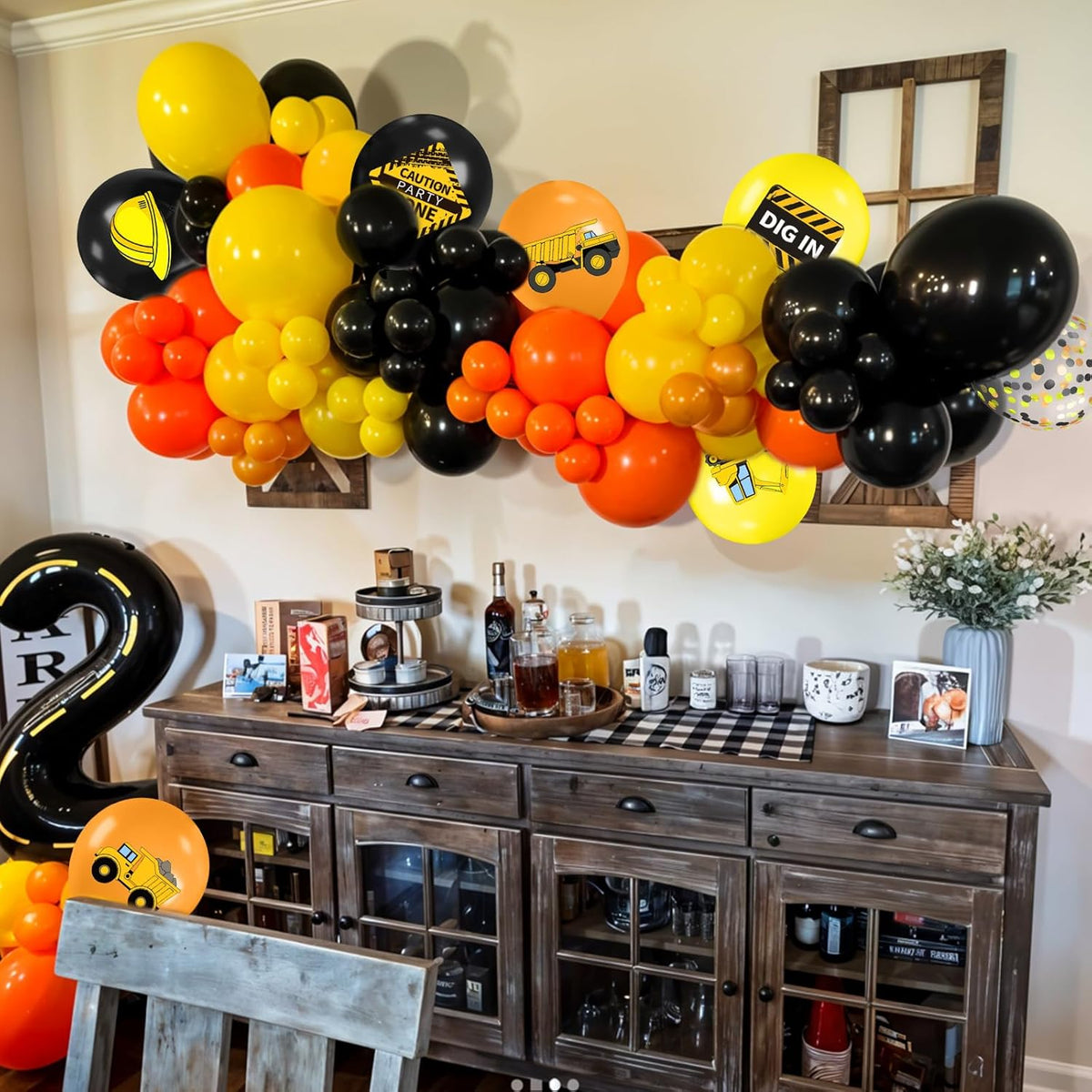 Construction Balloons, 12 Inch Black Yellow Orange Truck Printed Confetti Balloons for Boy Birthday