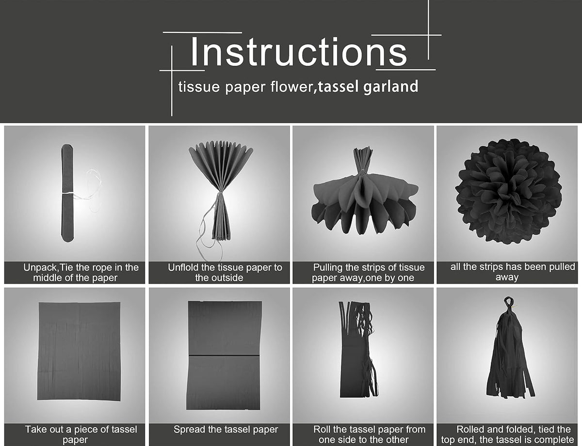 Silver Black Gold Party Decorations - 23pcs Tissue Paper Flowers Pom Poms Tassel Garland Pennant