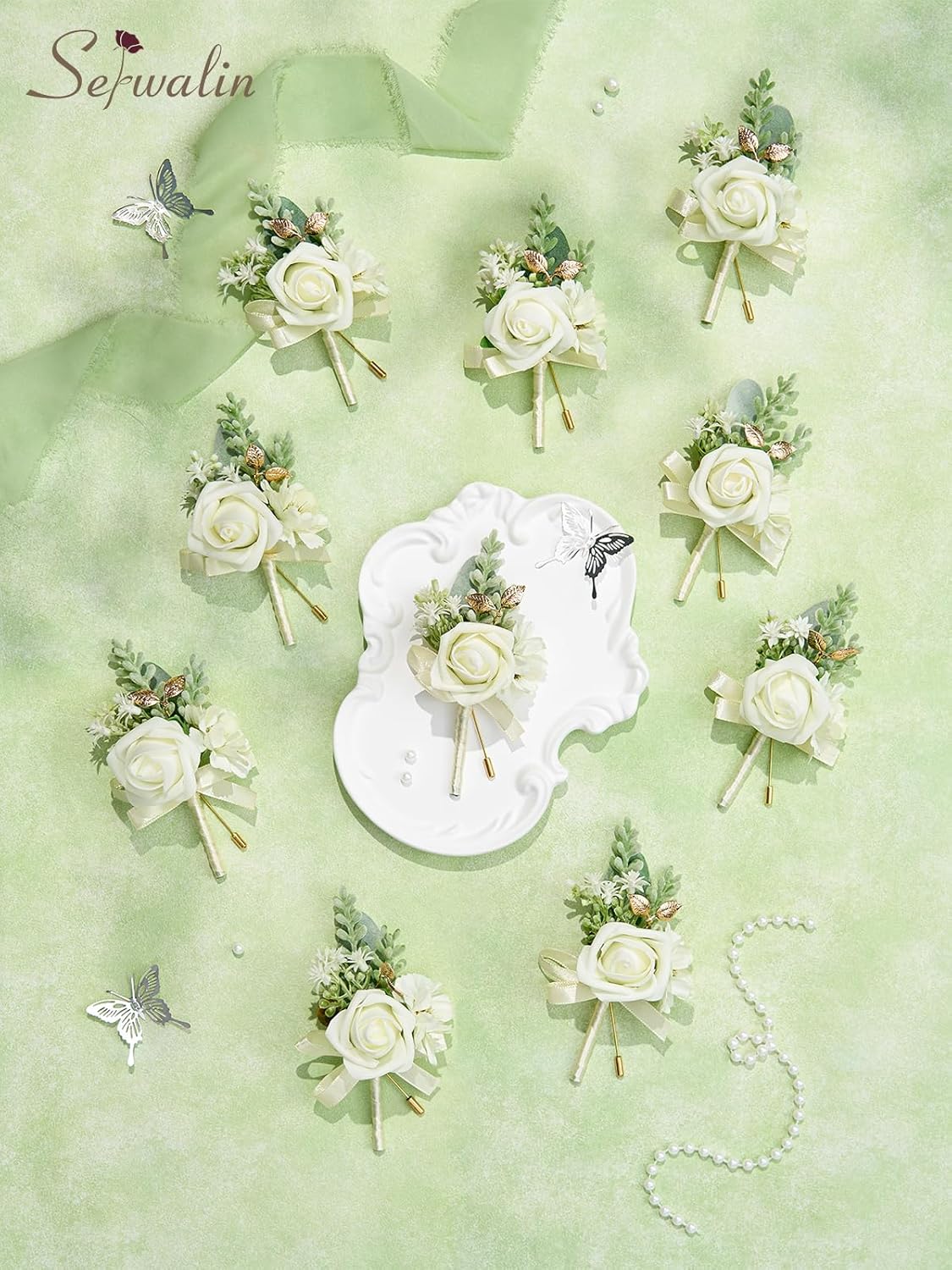 Serwalin 10Pcs Boutonniere for Men, White Groom and Best Man Boutonniere, Artificial Flowers for