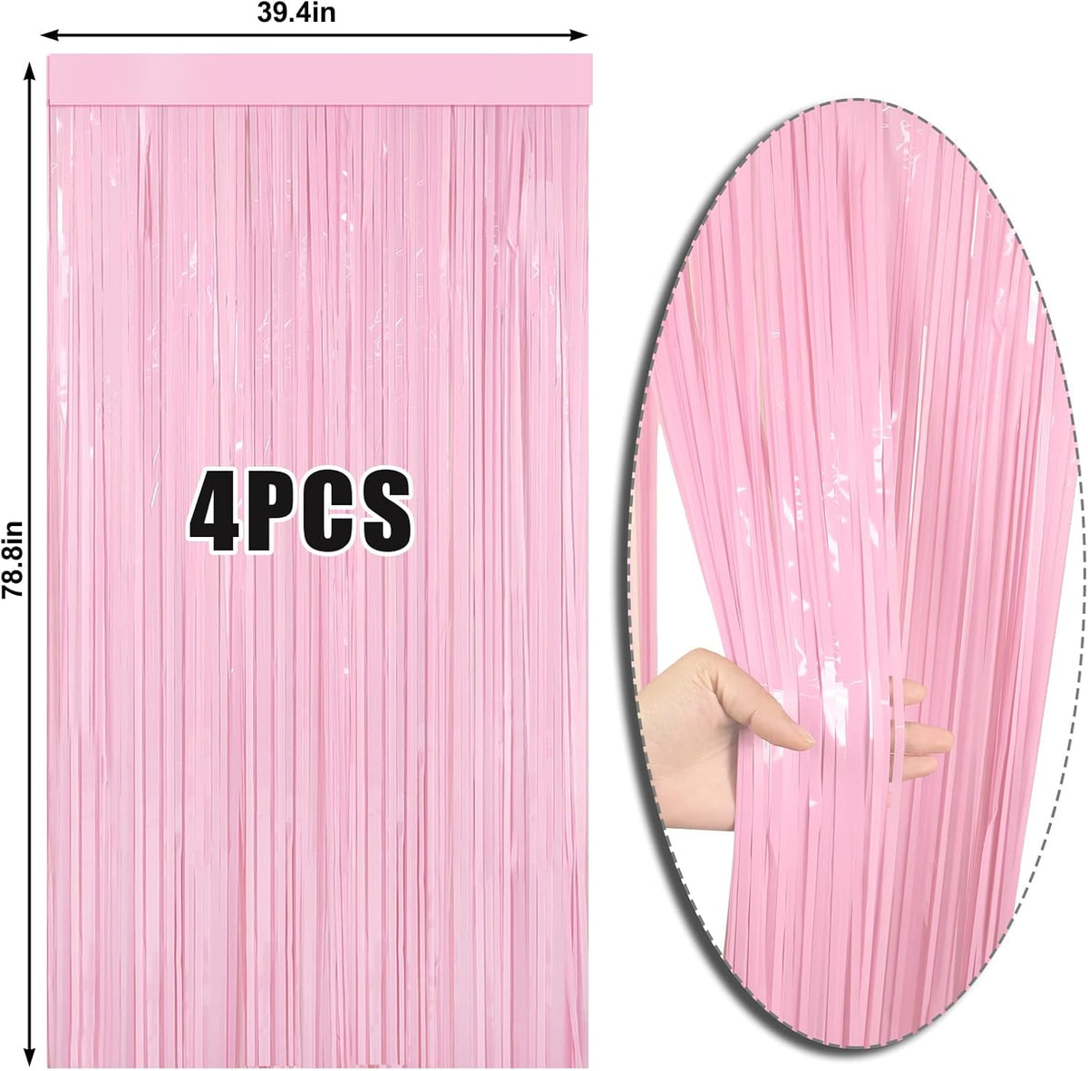 4 Packs Pastel Pink Foil Fringe Curtain, Baby Pink Metallic Tinsel Backdrop for Birthday, Wedding