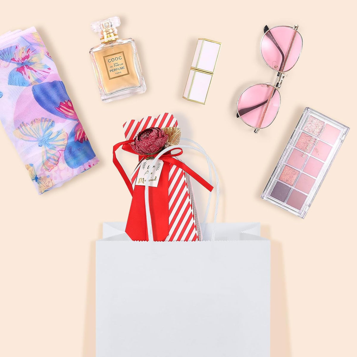 GSSUSA 50 Pcs White Kraft Paper Bags 5.25x3.75x8, Small Paper Bags with Handles for Shopping, Gift