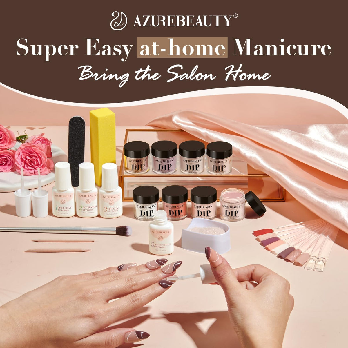 AZUREBEAUTY Dip Nails Powder Starter Kit 8 Colors with Nail Sticks Nude Brown Giltter Shimmer Set