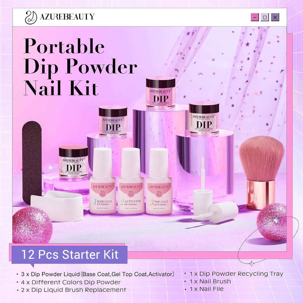 AZUREBEAUTY Dip Powder Nail Kit Starter, Pastel Lavender Pink Glitter, 4 Colors Spring Summer