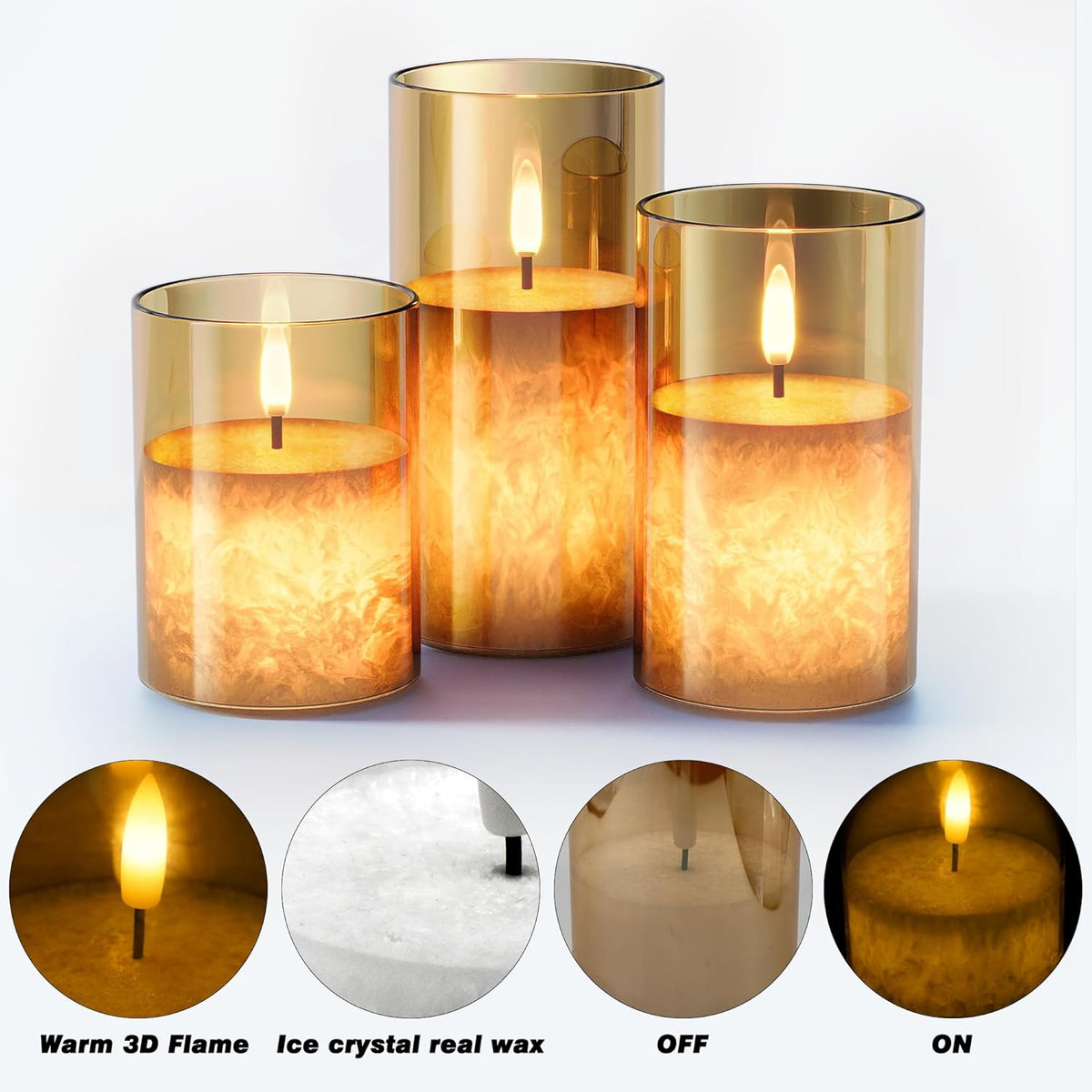 Ice Crystal Real Wax Glass Flameless Candles with Remote & Timer, Battery Operated Candles with