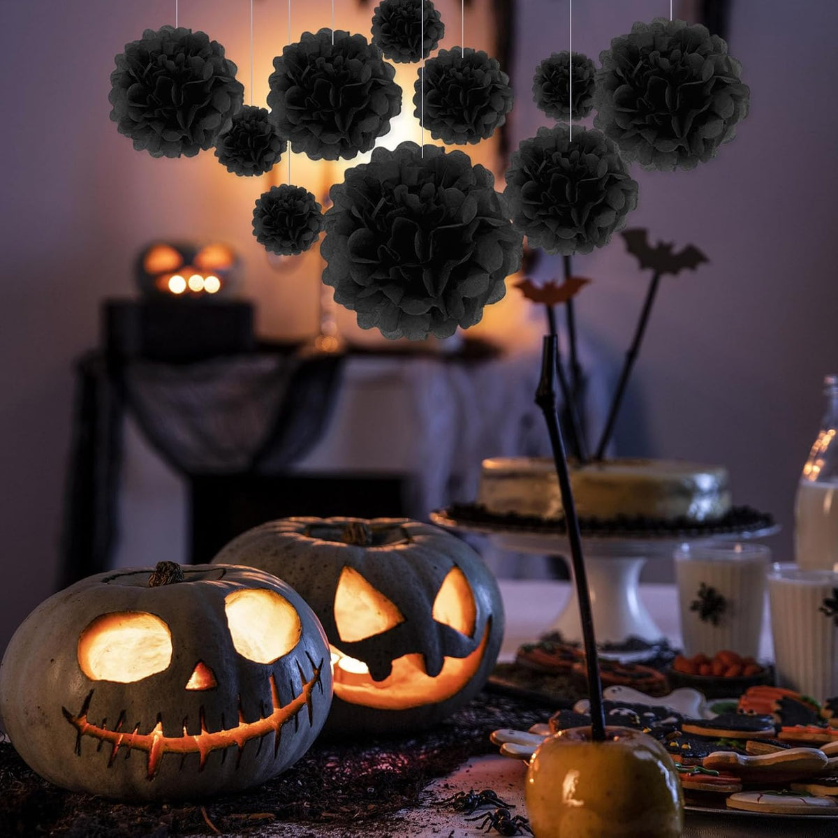 Tissue Paper Pom Poms, Black Tissue Paper Flowers, Hanging Flower Balls for Weddings Fiesta Parties
