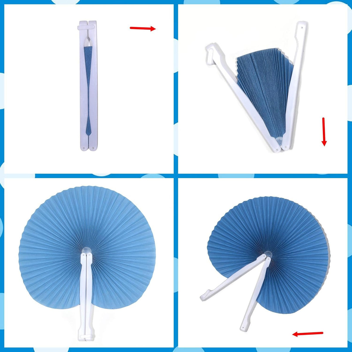 12 Packs Decorative Paper Folding Hand Fans Handheld,Blue Round Foldable Wedding Fans Chinese and