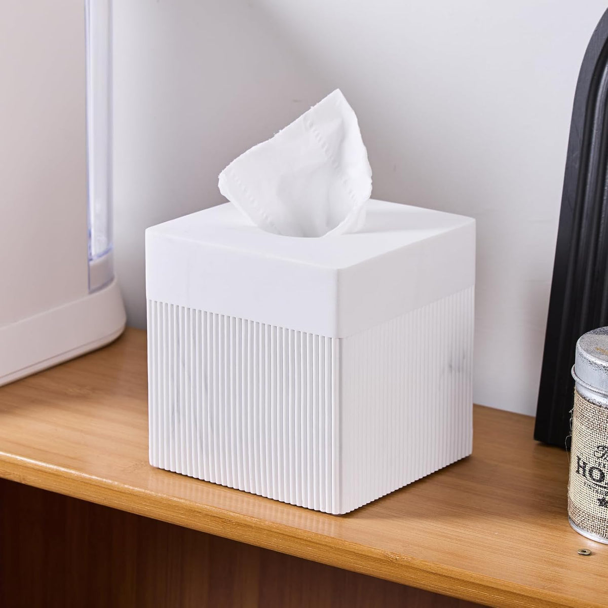 White Tissue Box Cover Square Resin Tissue Holder for Home Decor, Hand Poured Marble Ribbed Cube