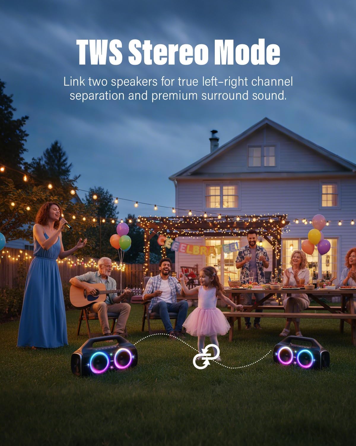 Speakers, 80w (Peak) Portable Wireless Speaker with Lights, Stereo Loud Sound, IP67 Waterproof