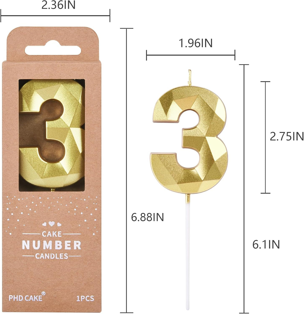 PHD CAKE 2.76 Inch Crystal Gold 3 Number Birthday Candles, Gold Number Candles, Cake Number