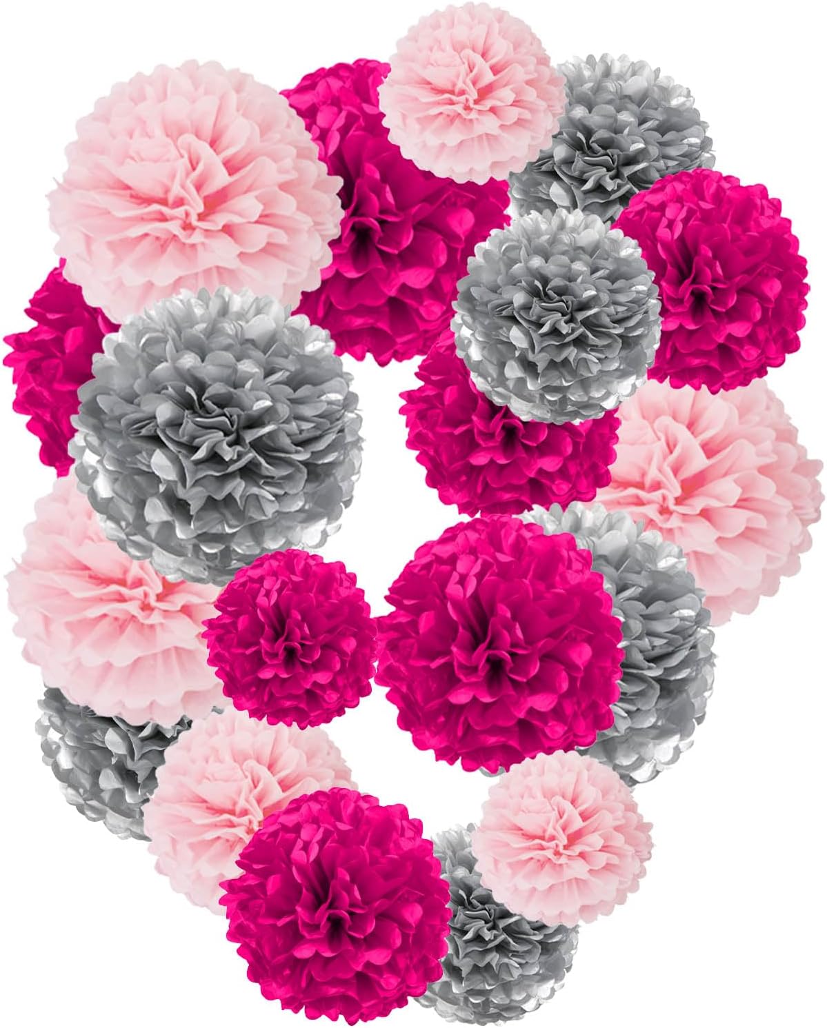 Rose Red Pink and Silver Paper Pom Poms,10",12" Tissue Pom Poms for Party Hanging Decorations - 12