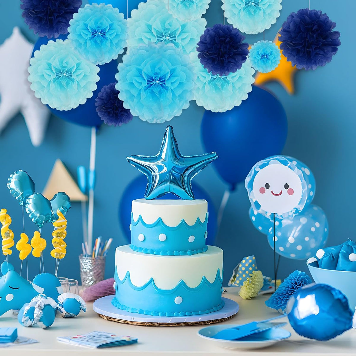 Tissue Paper Pom Poms, Blue Tissue Paper Flowers, Hanging Flower Balls for Weddings Fiesta Parties