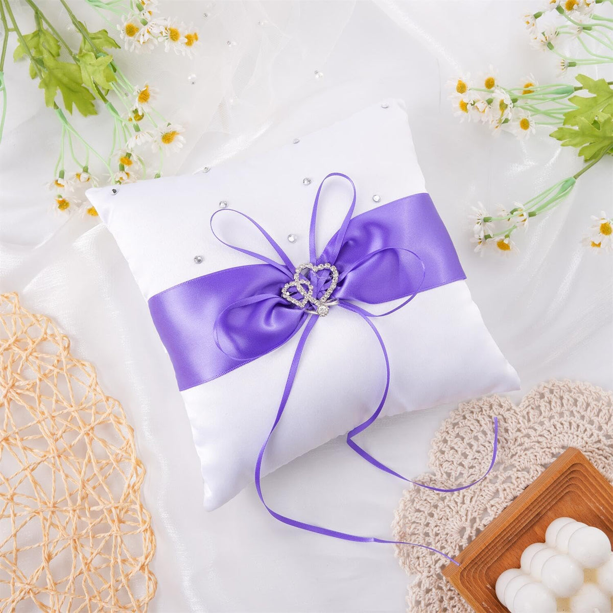 QIRMIZI Wedding Ring Pillow and Flower Girl Basket Set – Adorned with Pearl Rhinestones, White