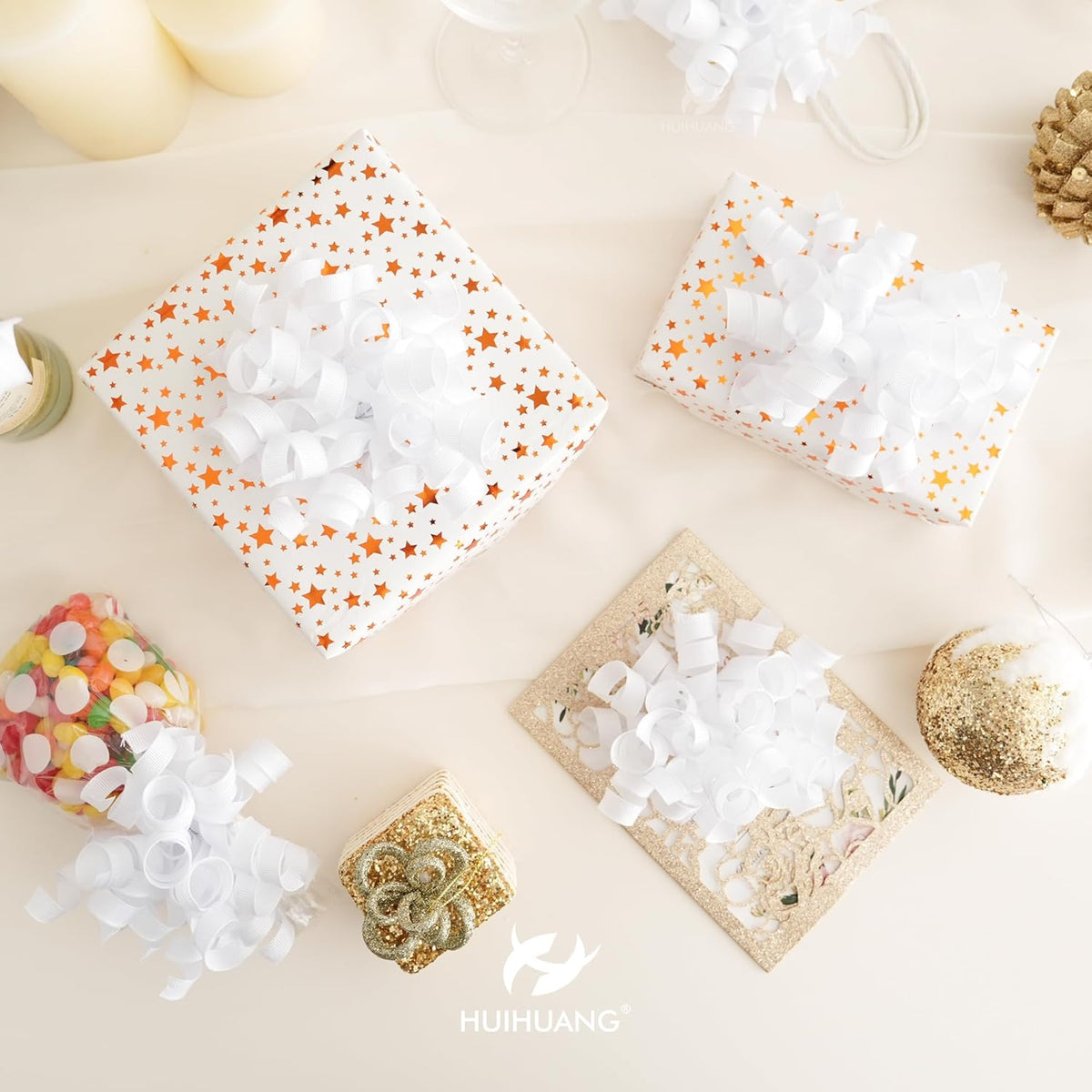 HUIHUANG White Bows for Gift Wrapping, White Curly Ribbon Bows Self Adhesive Burst Gift Bow for