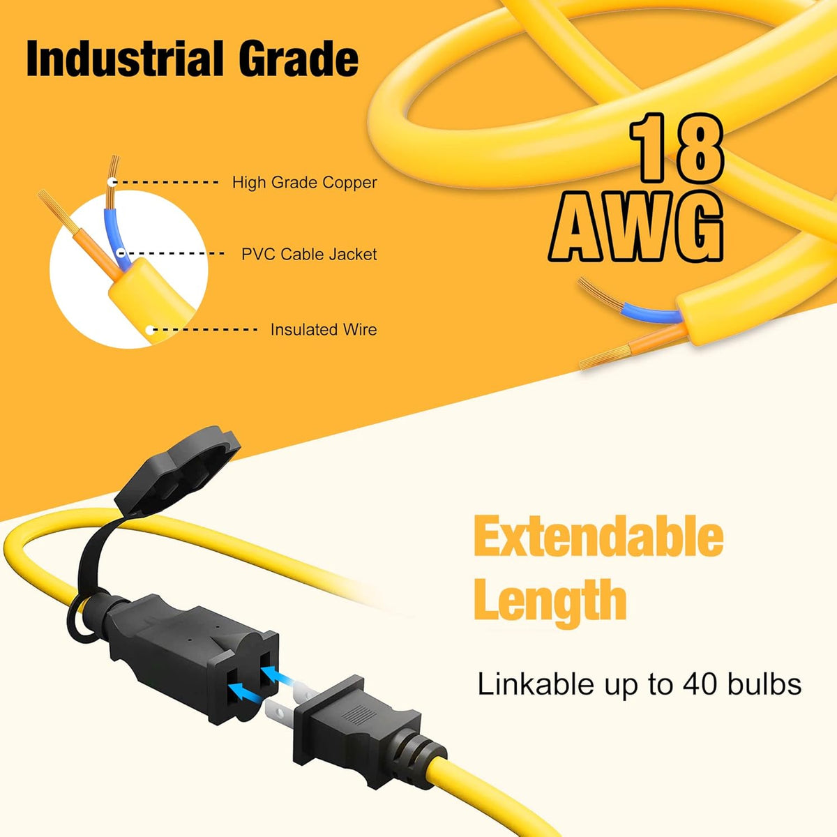 100FT Construction String Lights, IP65 Waterproof ETL Certified LED String Work Lights, 5000K