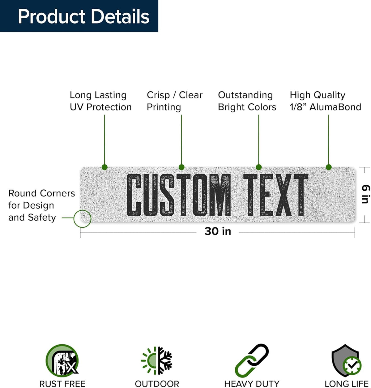 Custom Sign, Custom Street Sign, 11 Font Colors, 13 Font Styles, 4 Hole Options, 22 Sizes, 6x30