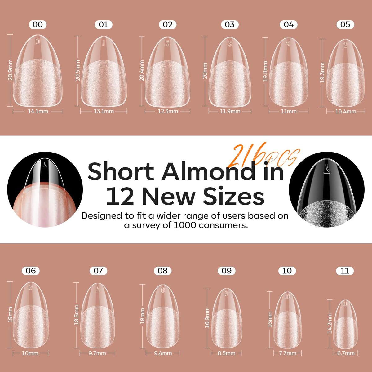 modelones Short Almond Gel Nail Tips Kit, 9-in-One Nail Glue with Portable U V Lamp 216Pcs 12Sizes