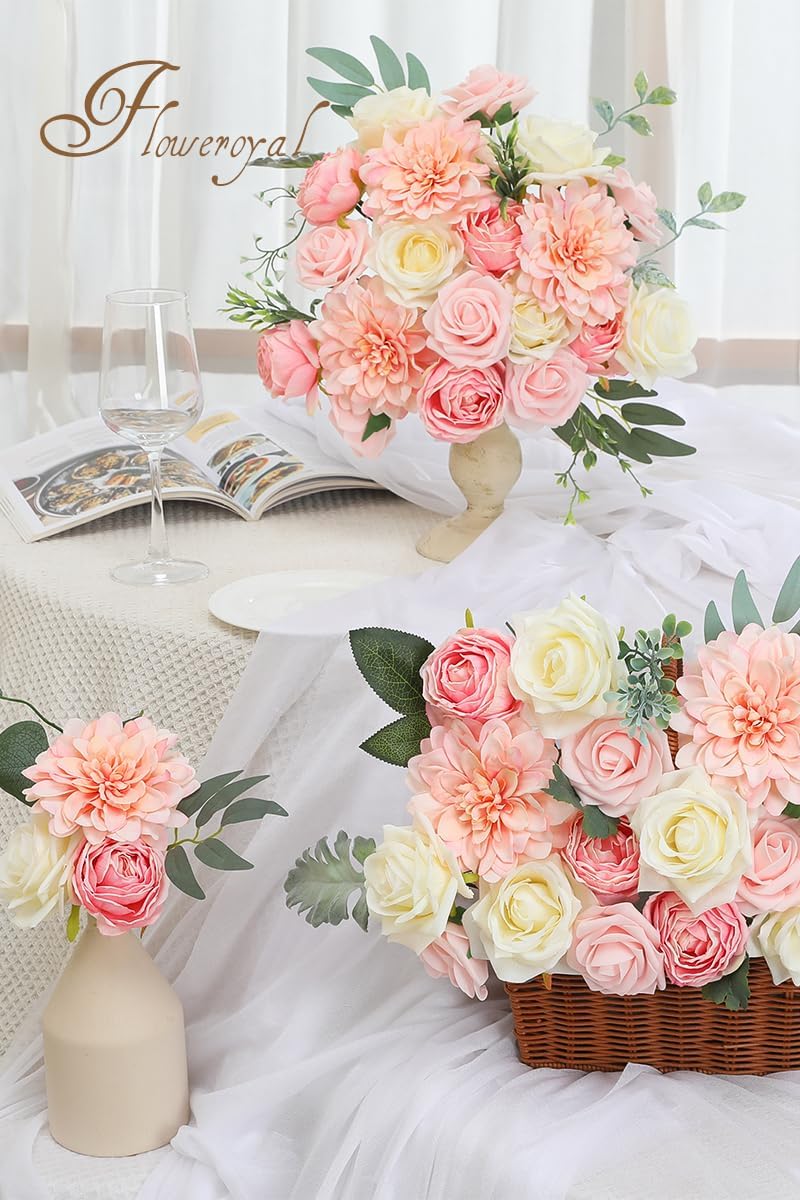 Floweroyal Pink Artificial Flowers Fake Rose Flowers Dahlia with Stems for DIY Wedding Bridal