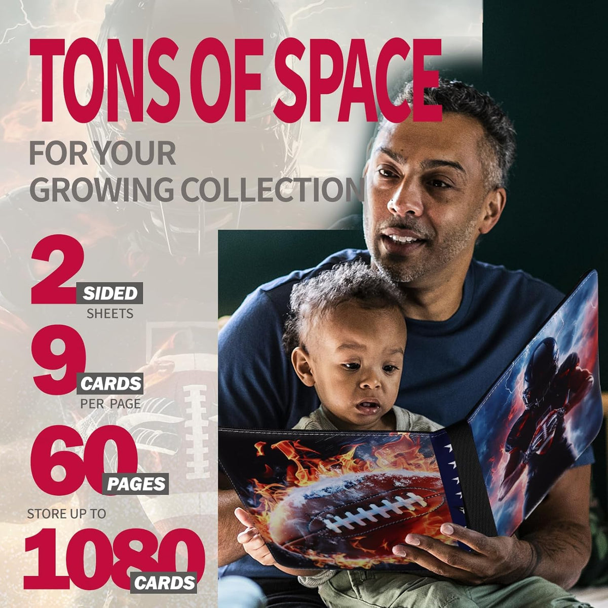 Football Card Binder 1080 Pockets, Ultimate Trading Card Ablums with 60 Page Removable Sleeves to