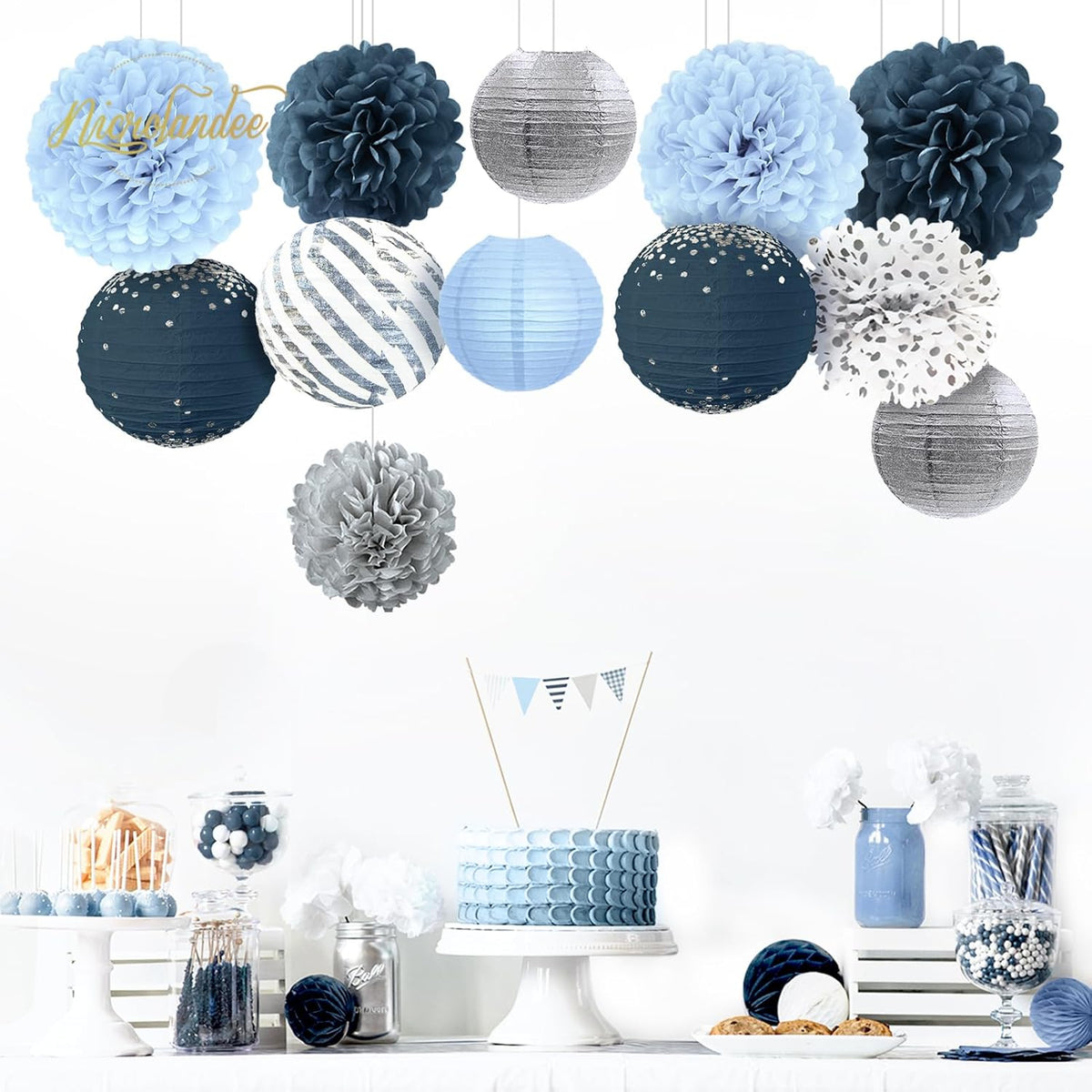 NICROLANDEE Dusty Blue Wedding Decorations, 12 PCS Blue Grey Tissue Pom Poms Paper Lanterns Decor