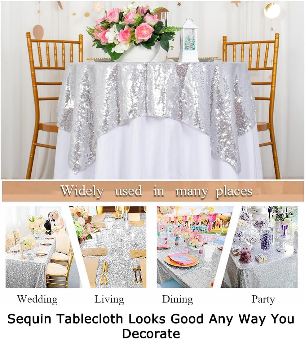 ShinyBeauty Silver Tablecloths 36X36 Inch 2 Pieces Sequin Table Cloth for Party Sparkle Table