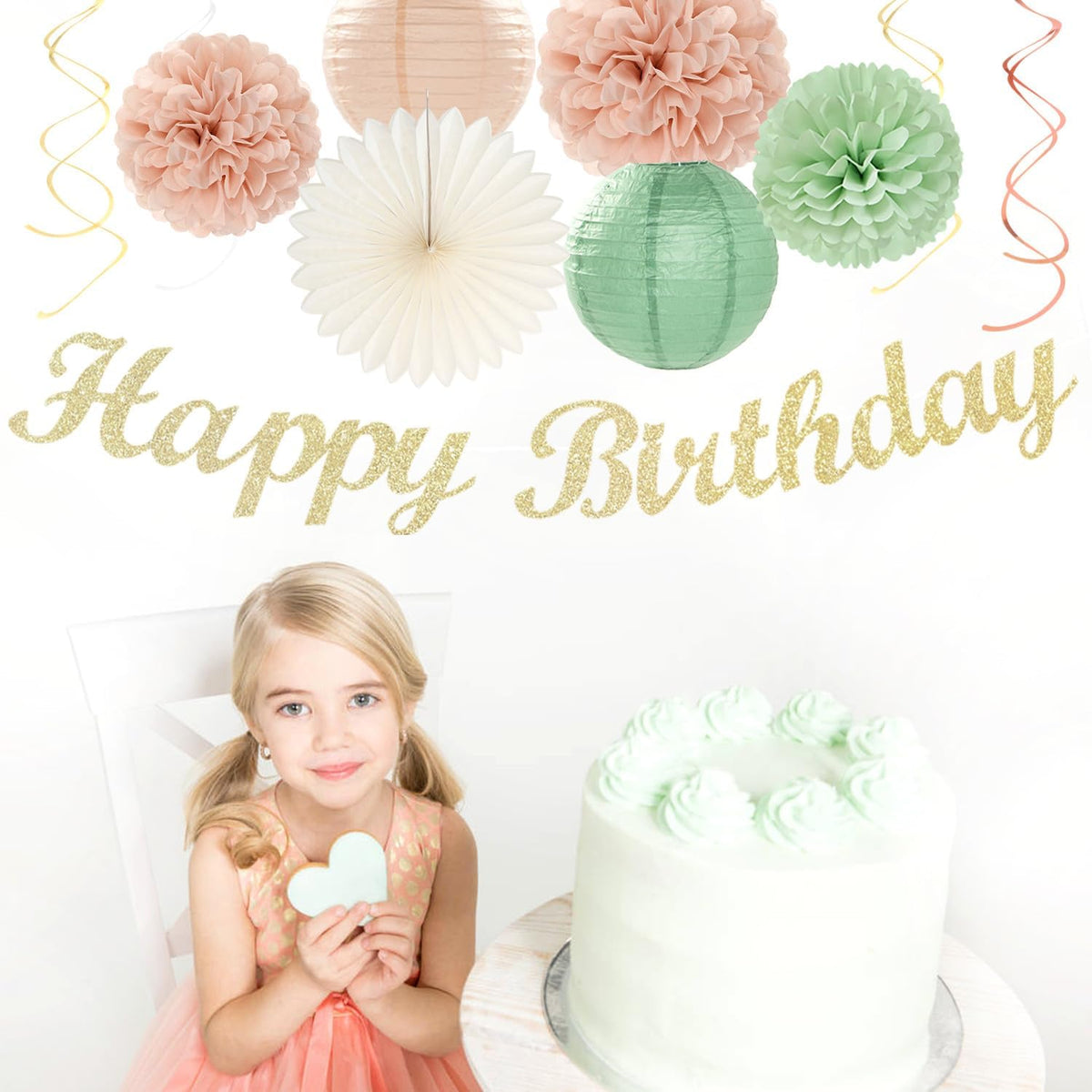 Sage-Green Pink First Happy Birthday Party-Decorations - 22pcs 18th Women Girls Paper Lanterns