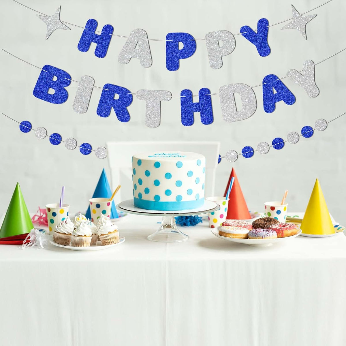 Royal Blue and Silver Happy Birthday Banner-Happy Birthday Decorations for Boys Men,Glitter Garland