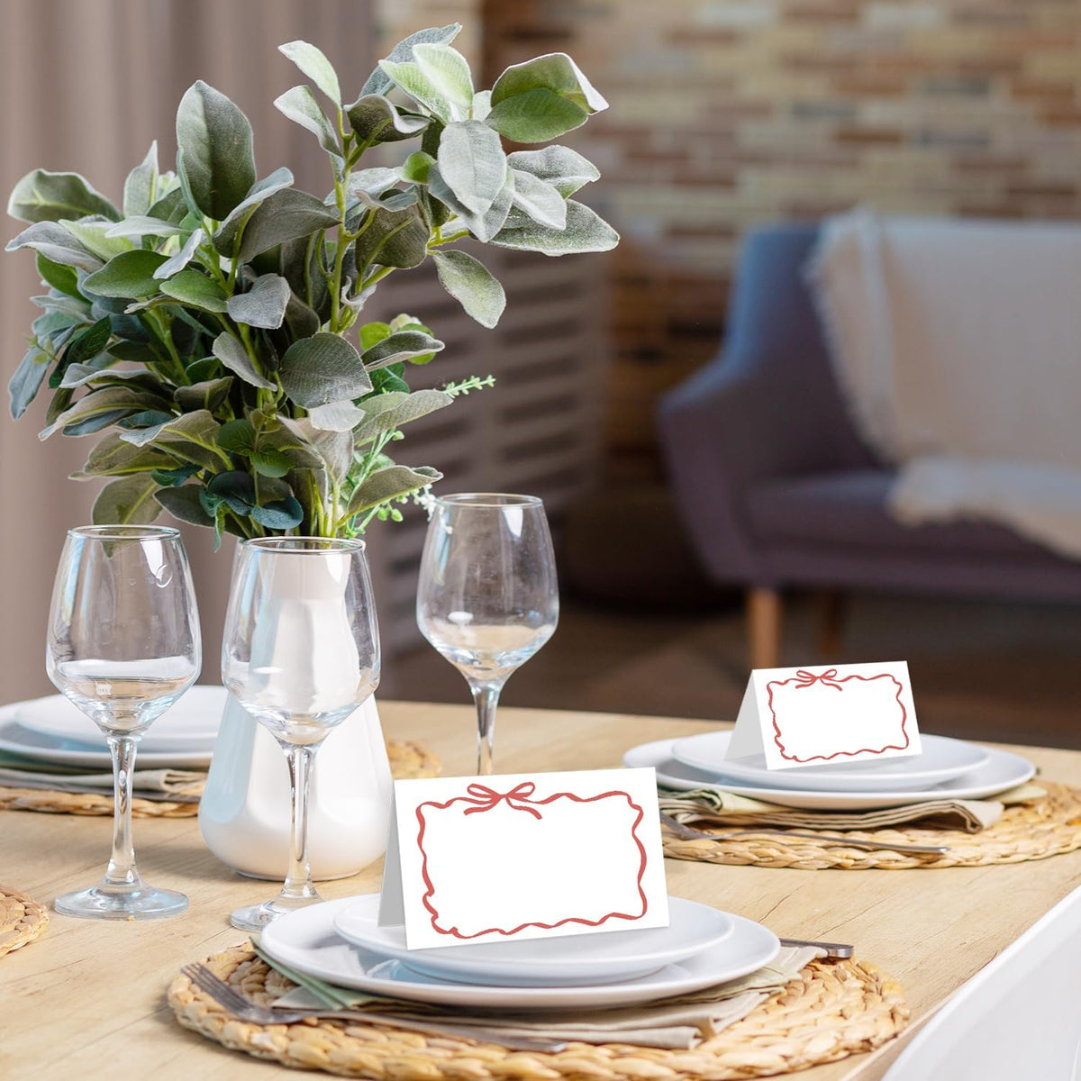 25 Pack Red Bow Wave Place Cards, Editable Name Cards for Table Setting, Tent Cards Food Label for
