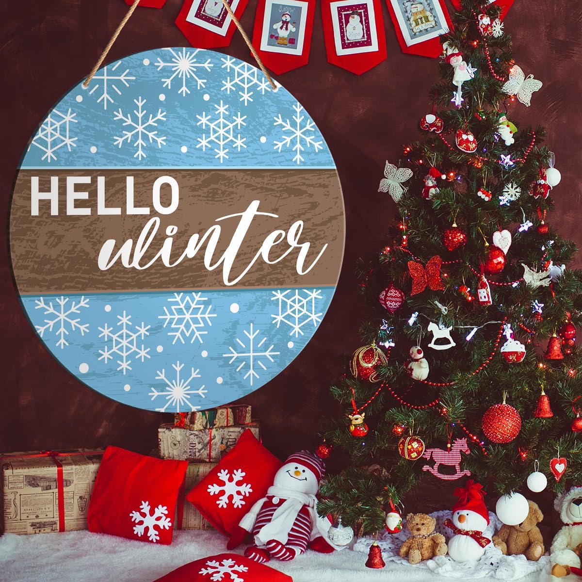 Muktoujaumai Hello Winter Sign Front Door Decor, Christmas Round Hanging Sign Decor Farmhouse