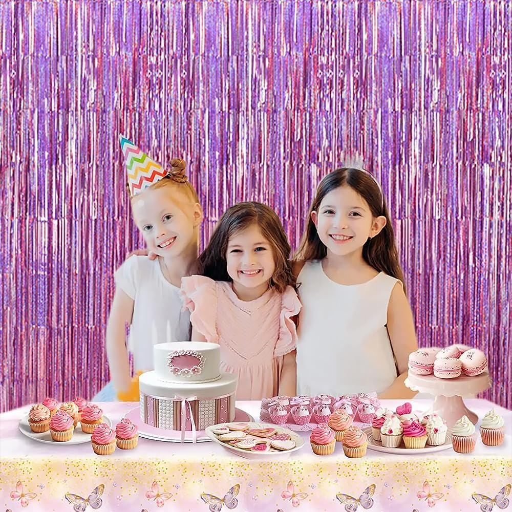 TONIFUL 3Pcs Laser Light Pink Door Streamers,Laser Pink Photo Booth Backdrop Metallic Streamers