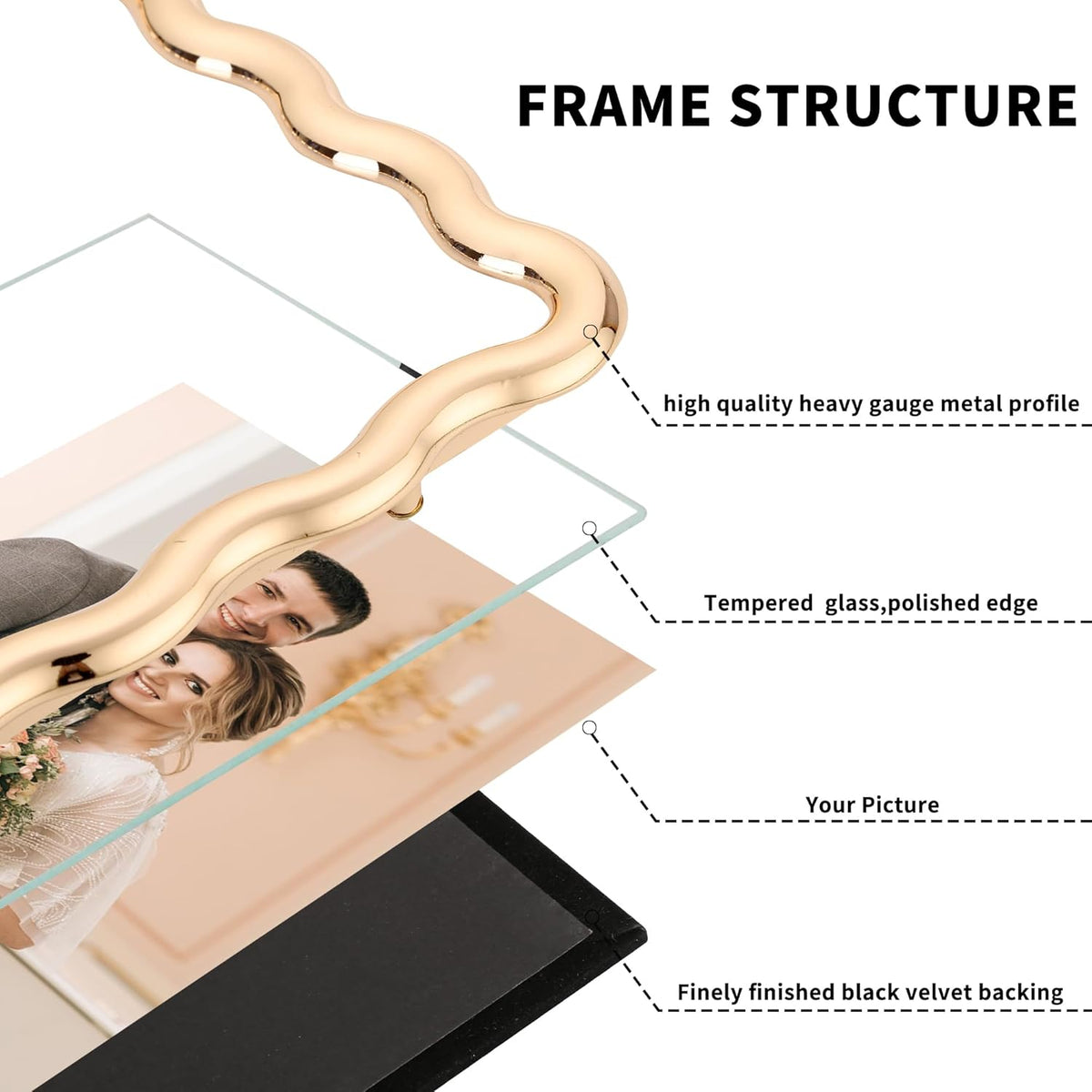 8 x 10'' Heavy-Duty Zinc Alloy Gold Photo Frames with Acid Free Mat for 5x7'',Wave Design Gold