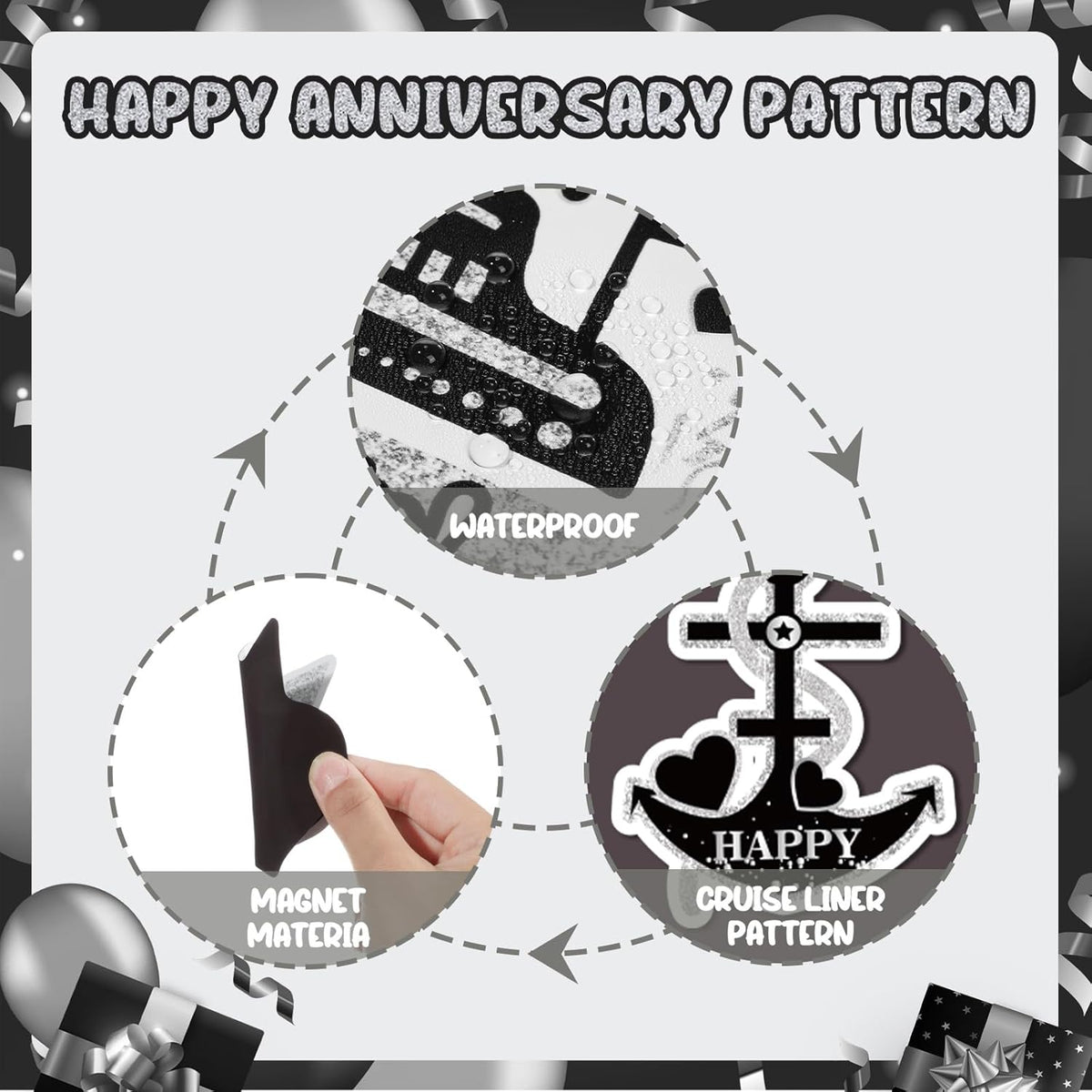 25th Anniversary Cruise Door Magnets Decorations, Black Silver Happy 25th Anniversary Cruise Ship