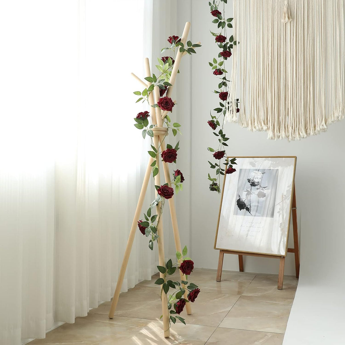 2 Strands 73'' Artificial Silk Rose Flower Vines Garland, Fake Roses Floral Green Leaves Hanging