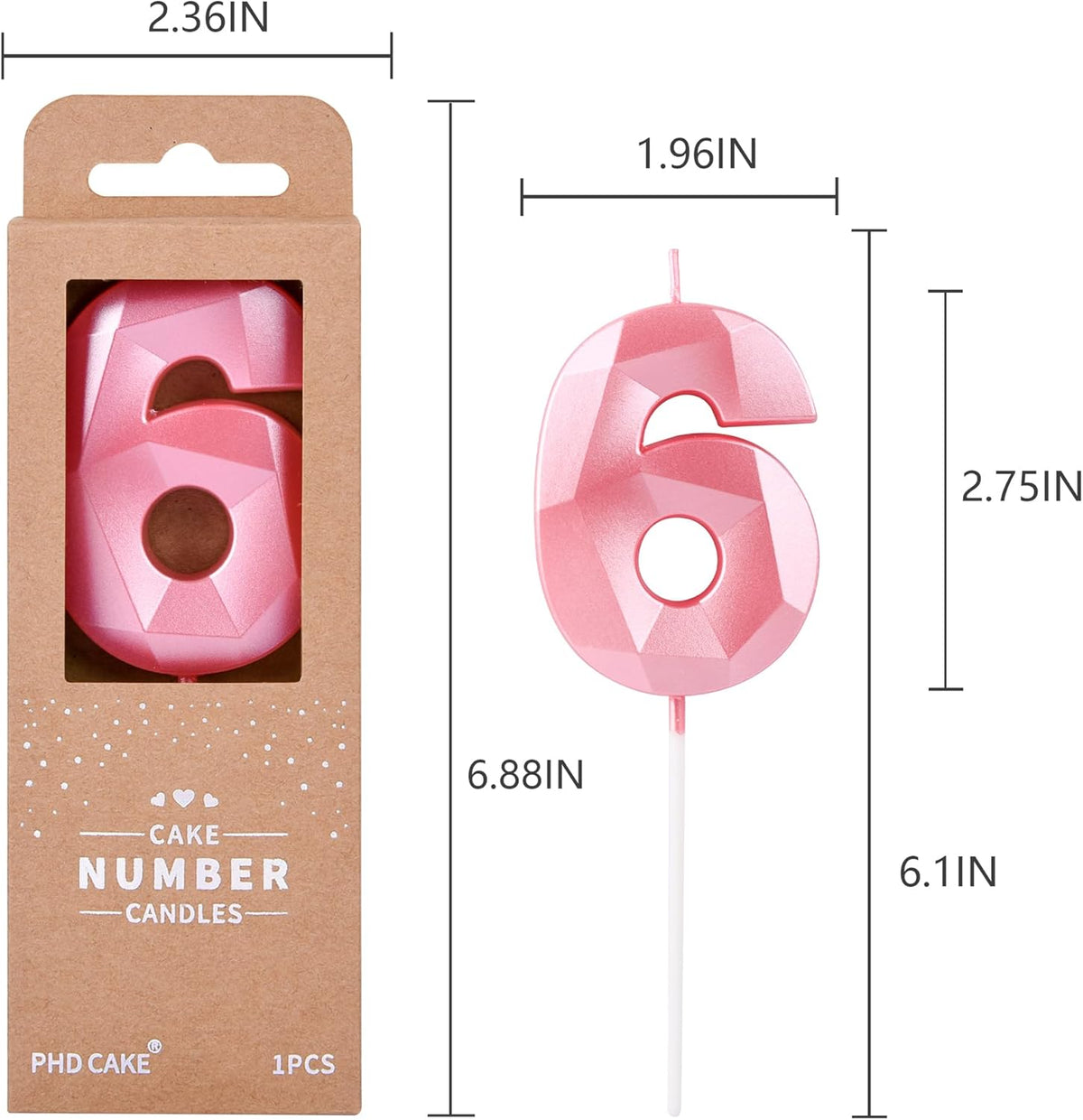PHD CAKE 2.76 Inch Crystal Pink 6 Number Birthday Candles, Pink Number Candles, Cake Number