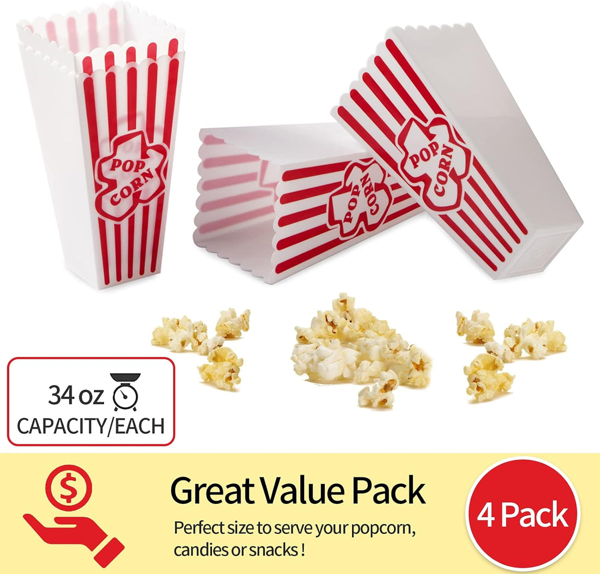 Plastic Popcorn Containers Red & White Striped Retro Style Reusable Popcorn Boxes for Movie Night