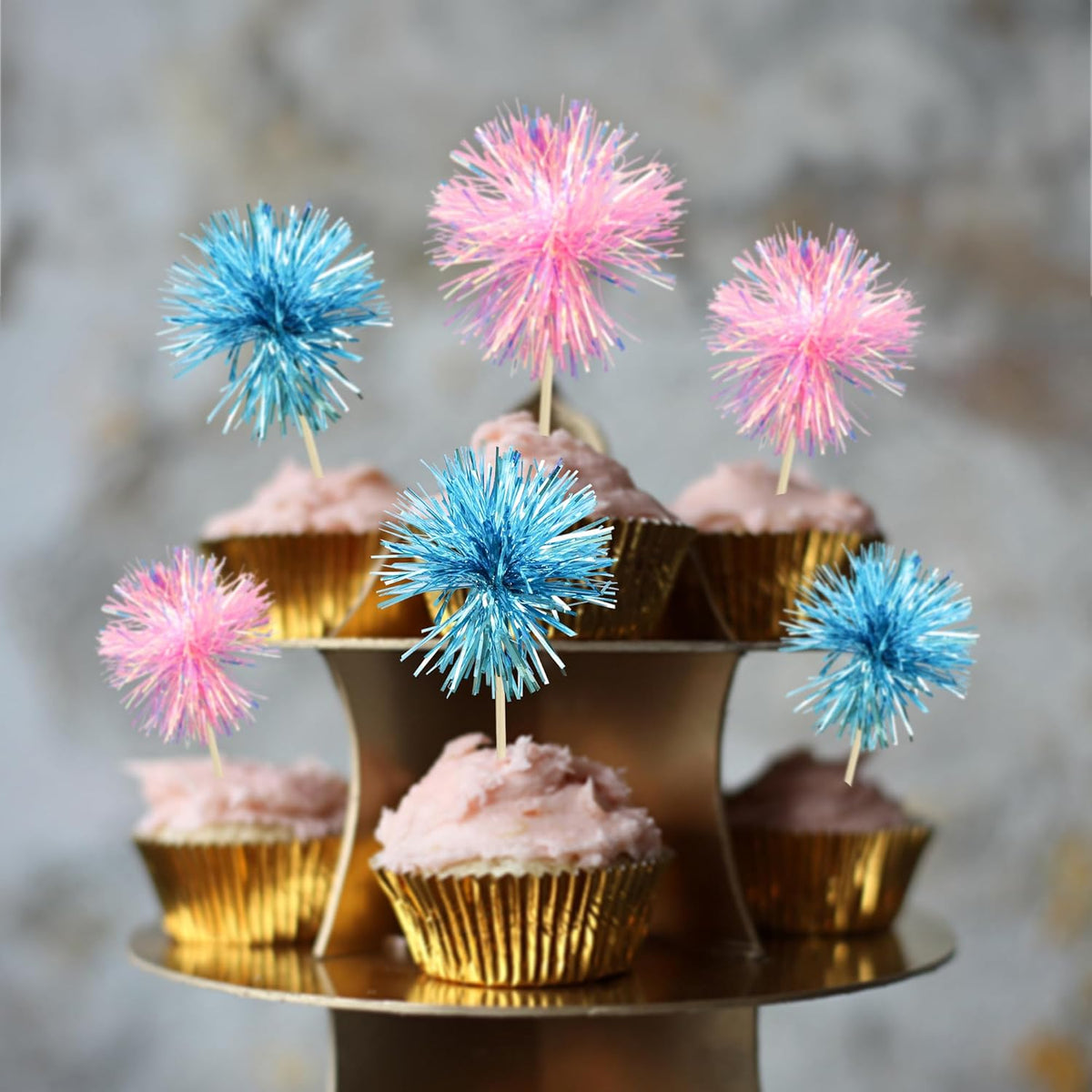 Gyufise 30Pcs Foil Firework Cupcake Toppers Sparkle Tinsel Cake Toppers Tinsel Drink Cake