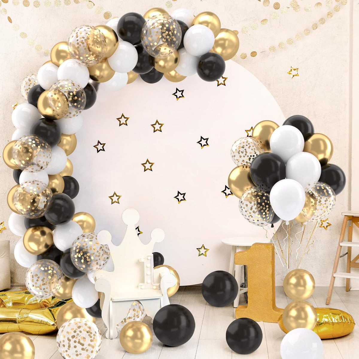 Patimate Black Gold Confetti Balloons Set, 50 pcs 12 inch Metallic Gold Black White Confetti Latex