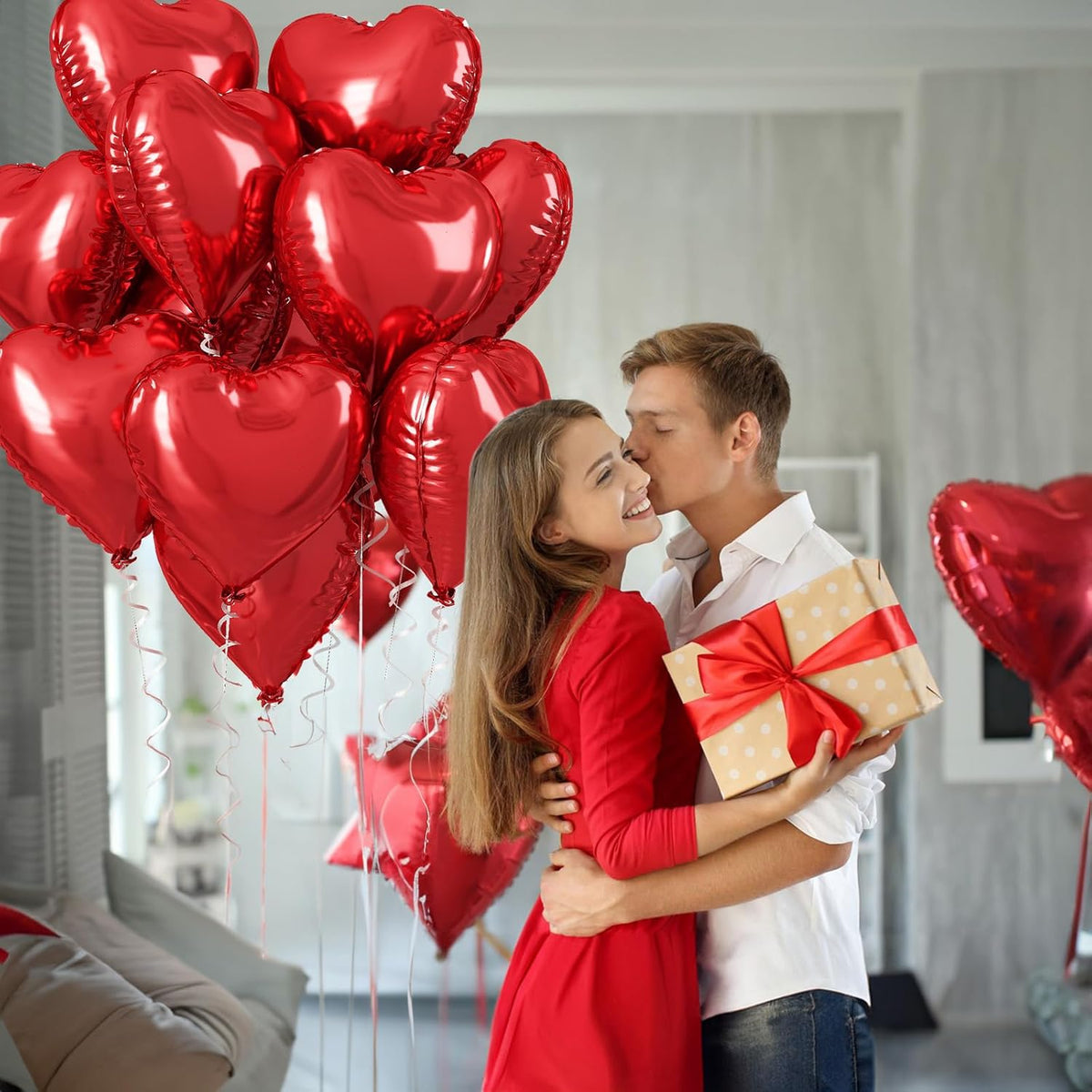 Red Heart Balloons, 18 Inch Metallic Red Foil Balloon Helium 10Pcs Large Ruby Heart Shape Foil